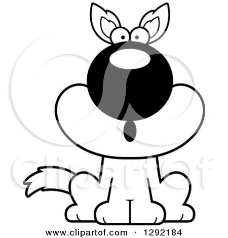 Lineart Clipart of a Black and White Cartoon Surprised Gasping Sitting Wolf - Royalty Free Wild Animal Vector Illustration by Cory Thoman