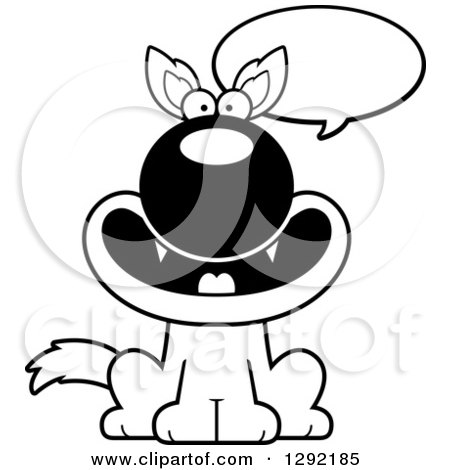 Lineart Clipart of a Black and White Cartoon Happy Talking Sitting Wolf - Royalty Free Wild Animal Vector Illustration by Cory Thoman