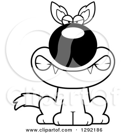 Lineart Clipart of a Black and White Cartoon Mad Snarling Sitting Wolf - Royalty Free Wild Animal Vector Illustration by Cory Thoman