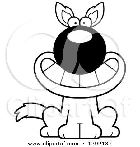 Lineart Clipart of a Black and White Cartoon Happy Grinning Sitting Wolf - Royalty Free Wild Animal Vector Illustration by Cory Thoman