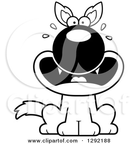 Lineart Clipart of a Black and White Cartoon Scared Screaming Sitting Wolf - Royalty Free Wild Animal Vector Illustration by Cory Thoman