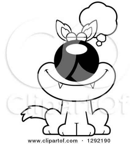 Lineart Clipart of a Black and White Cartoon Happy Dreaming or Thinking Sitting Wolf - Royalty Free Wild Animal Vector Illustration by Cory Thoman