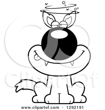 Lineart Clipart of a Black and White Cartoon Drunk or Dizzy Sitting Wolf - Royalty Free Wild Animal Vector Illustration by Cory Thoman