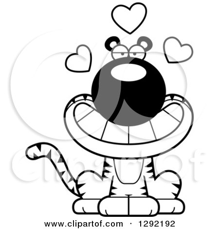 Wild Animal Clipart of a Black and White Cartoon Loving Sitting Tiger Big Cat with Hearts - Royalty Free Lineart Vector Illustration by Cory Thoman