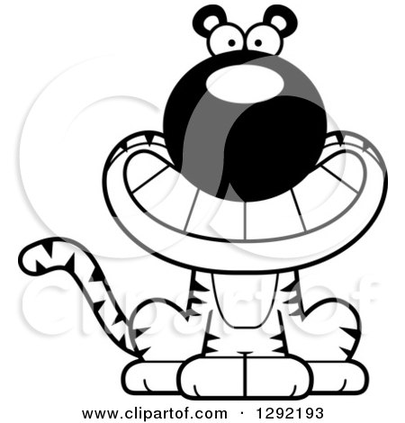 Wild Animal Clipart of a Black and White Cartoon Happy Grinning Sitting Tiger Big Cat - Royalty Free Lineart Vector Illustration by Cory Thoman