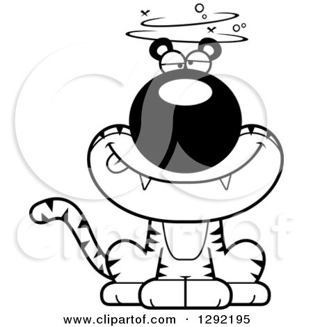 Wild Animal Clipart of a Black and White Cartoon Dizzy or Drunk Sitting Tiger Big Cat - Royalty Free Lineart Vector Illustration by Cory Thoman