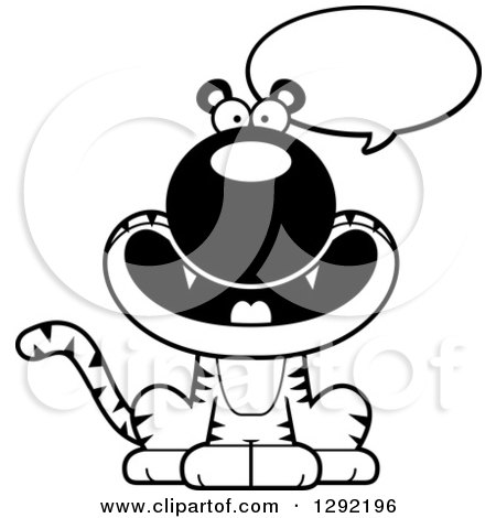 Wild Animal Clipart of a Black and White Cartoon Happy Talking Sitting Tiger Big Cat - Royalty Free Lineart Vector Illustration by Cory Thoman