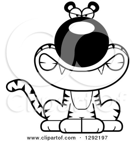 Wild Animal Clipart of a Black and White Cartoon Mad Snarling Sitting Tiger Big Cat - Royalty Free Lineart Vector Illustration by Cory Thoman