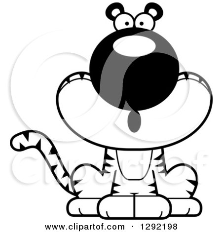 Wild Animal Clipart of a Black and White Cartoon Surprised Gasping Sitting Tiger Big Cat - Royalty Free Lineart Vector Illustration by Cory Thoman