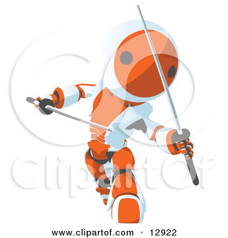 Orange Metal Robot Ninja Fighting With Swords Clipart Illustration by Leo Blanchette