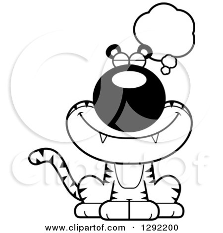Wild Animal Clipart of a Black and White Cartoon Happy Dreaming or Thinking Tiger Big Cat - Royalty Free Lineart Vector Illustration by Cory Thoman
