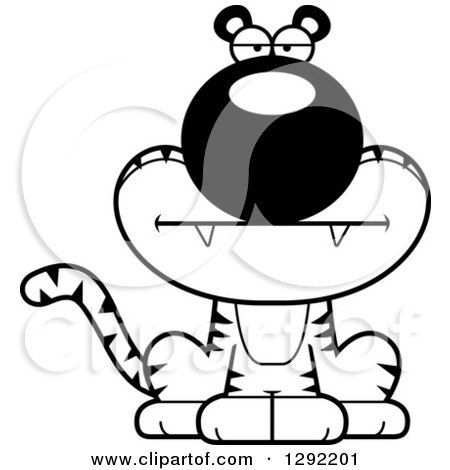 Wild Animal Clipart of a Black and White Cartoon Bored Sitting Tiger Big Cat - Royalty Free Lineart Vector Illustration by Cory Thoman