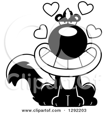 Wild Animal Clipart of a Black and White Cartoon Loving Sitting Skunk with Hearts - Royalty Free Lineart Vector Illustration by Cory Thoman