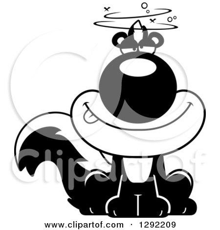 Wild Animal Clipart of a Black and White Cartoon Drunk or Dizzy Sitting Skunk - Royalty Free Lineart Vector Illustration by Cory Thoman