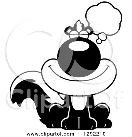 Wild Animal Clipart of a Black and White Cartoon Happy Dreaming or Thinking Sitting Skunk - Royalty Free Lineart Vector Illustration by Cory Thoman