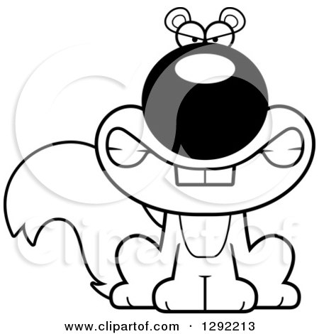 Wild Animal Clipart of a Black and White Cartoon Mad Snarling Sitting Squirrel - Royalty Free Lineart Vector Illustration by Cory Thoman