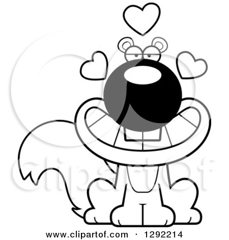 Wild Animal Clipart of a Black and White Cartoon Loving Sitting Squirrel with Hearts - Royalty Free Lineart Vector Illustration by Cory Thoman