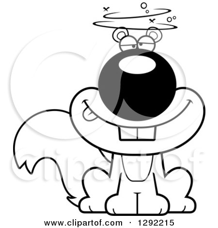 Wild Animal Clipart of a Black and White Cartoon Dizzy or Drunk Sitting Squirrel - Royalty Free Lineart Vector Illustration by Cory Thoman