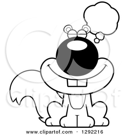 Wild Animal Clipart of a Black and White Cartoon Dreaming or Thinking Sitting Squirrel - Royalty Free Lineart Vector Illustration by Cory Thoman