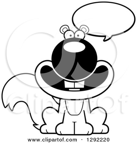 Wild Animal Clipart of a Black and White Cartoon Happy Sitting Squirrel - Royalty Free Lineart Vector Illustration by Cory Thoman