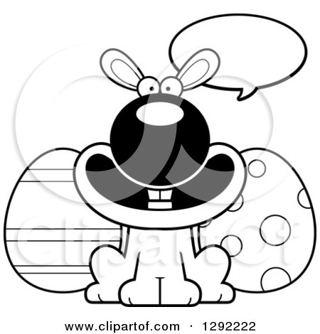 Holiday Clipart of a Black and White Cartoon Happy Talking Easter Bunny with Eggs - Royalty Free Lineart Vector Illustration by Cory Thoman