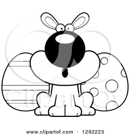 Holiday Clipart of a Black and White Cartoon Surprised Gasping Easter Bunny with Eggs - Royalty Free Lineart Vector Illustration by Cory Thoman