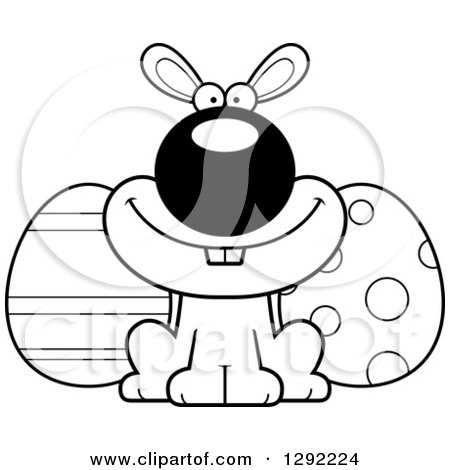 Holiday Clipart of a Black and White Cartoon Happy Easter Bunny with Eggs - Royalty Free Lineart Vector Illustration by Cory Thoman