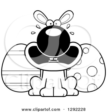 Holiday Clipart of a Black and White Cartoon Scared Screaming Easter Bunny with Eggs - Royalty Free Lineart Vector Illustration by Cory Thoman