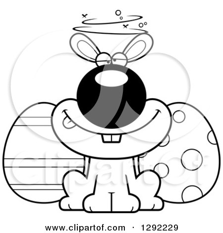 Holiday Clipart of a Black and White Cartoon Drunk or Dizzy Easter Bunny with Eggs - Royalty Free Lineart Vector Illustration by Cory Thoman