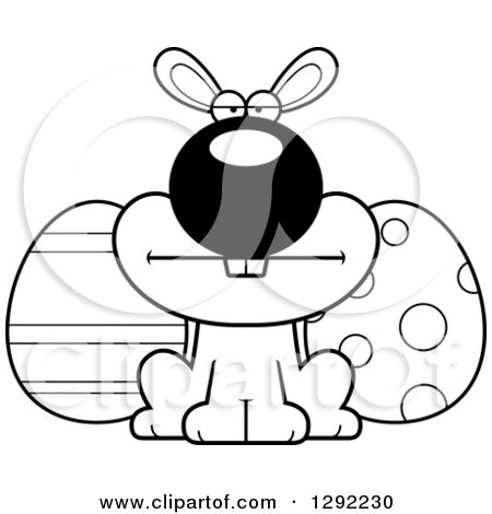 Holiday Clipart of a Black and White Cartoon Mad Easter Bunny with Eggs - Royalty Free Lineart Vector Illustration by Cory Thoman
