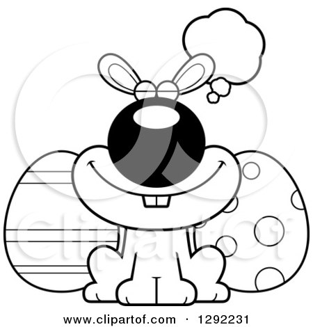 Holiday Clipart of a Black and White Cartoon Dreaming or Thinking Happy Easter Bunny with Eggs - Royalty Free Lineart Vector Illustration by Cory Thoman