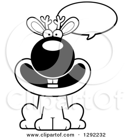 Fantasy Clipart of a Black and White Cartoon Happy Talking Jackalope Sitting - Royalty Free Lineart Vector Illustration by Cory Thoman