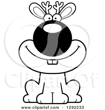 Fantasy Clipart of a Black and White Cartoon Happy Jackalope Sitting - Royalty Free Lineart Vector Illustration by Cory Thoman