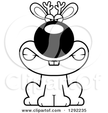 Fantasy Clipart of a Black and White Cartoon Mad Snarling Jackalope Sitting - Royalty Free Lineart Vector Illustration by Cory Thoman