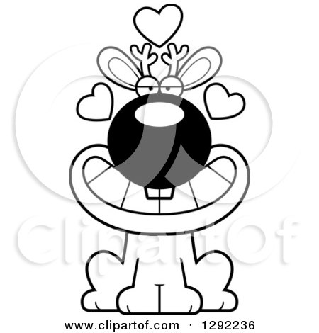 Fantasy Clipart of a Black and White Cartoon Loving Jackalope Sitting with Hearts - Royalty Free Lineart Vector Illustration by Cory Thoman