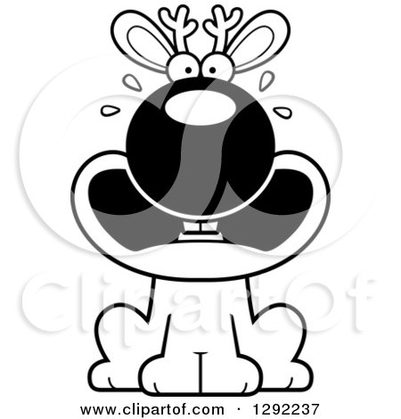 Fantasy Clipart of a Black and White Cartoon Scared Screaming Jackalope Sitting - Royalty Free Lineart Vector Illustration by Cory Thoman