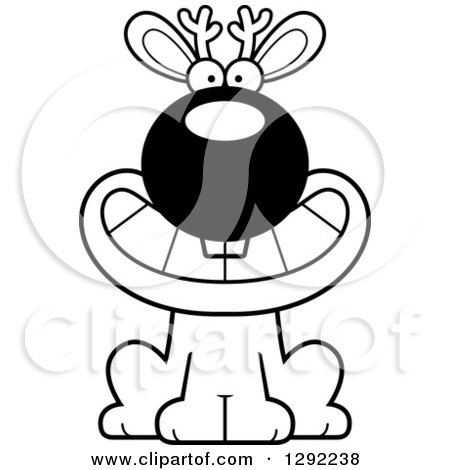 Fantasy Clipart of a Black and White Cartoon Happy Grinning Jackalope Sitting - Royalty Free Lineart Vector Illustration by Cory Thoman