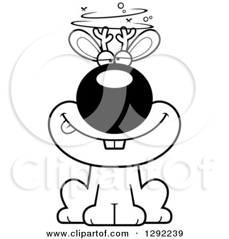 Fantasy Clipart of a Black and White Cartoon Drunk or Dizzy Jackalope Sitting - Royalty Free Lineart Vector Illustration by Cory Thoman
