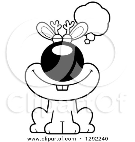Fantasy Clipart of a Black and White Cartoon Happy Dreaming or Thinking Jackalope Sitting - Royalty Free Lineart Vector Illustration by Cory Thoman