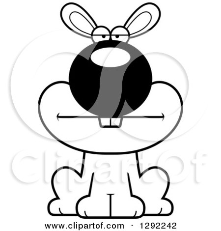 Animal Clipart of a Black and White Cartoon Bored Rabbit Sitting - Royalty Free Lineart Vector Illustration by Cory Thoman