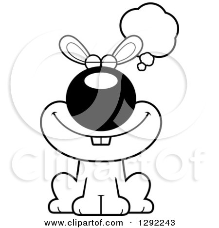 Animal Clipart of a Black and White Cartoon Happy Dreaming or Thinking Rabbit Sitting - Royalty Free Lineart Vector Illustration by Cory Thoman