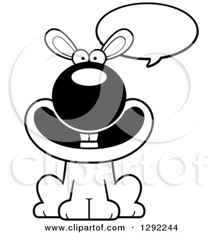 Animal Clipart of a Black and White Cartoon Happy Talking Rabbit Sitting - Royalty Free Lineart Vector Illustration by Cory Thoman