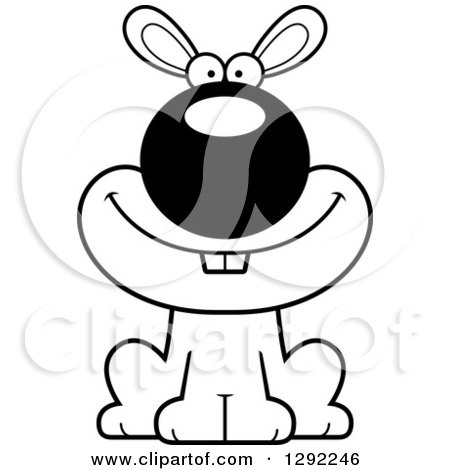 Animal Clipart of a Black and White Cartoon Happy Rabbit Sitting - Royalty Free Lineart Vector Illustration by Cory Thoman