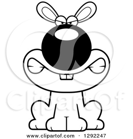 Animal Clipart of a Black and White Cartoon Mad Snarling Rabbit Sitting - Royalty Free Lineart Vector Illustration by Cory Thoman