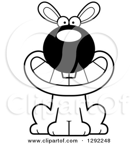 Animal Clipart of a Black and White Cartoon Happy Grinning Rabbit Sitting - Royalty Free Lineart Vector Illustration by Cory Thoman