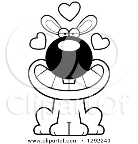 Animal Clipart of a Black and White Cartoon Loving Rabbit Sitting with Hearts - Royalty Free Lineart Vector Illustration by Cory Thoman