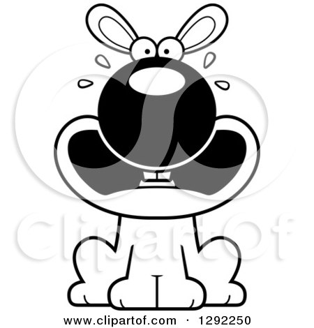 Animal Clipart of a Black and White Cartoon Scared Screaming Rabbit Sitting - Royalty Free Lineart Vector Illustration by Cory Thoman