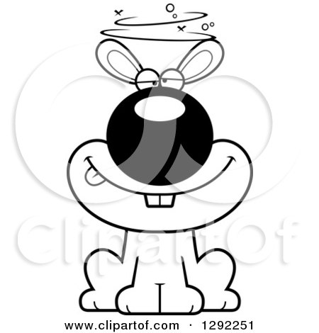 Animal Clipart of a Black and White Cartoon Drunk or Dizzy Rabbit Sitting - Royalty Free Lineart Vector Illustration by Cory Thoman