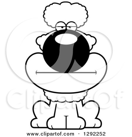 Animal Clipart of a Black and White Cartoon Bored Poodle Dog Sitting - Royalty Free Lineart Vector Illustration by Cory Thoman