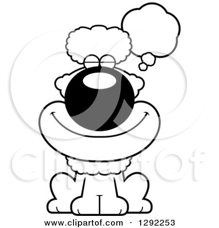 Animal Clipart of a Black and White Cartoon Dreaming or Thinking Happy Poodle Dog Sitting - Royalty Free Lineart Vector Illustration by Cory Thoman